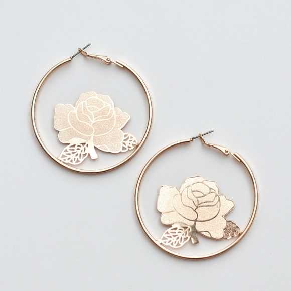 2" Gold Rose Hoop Earrings - Picture 2 of 2